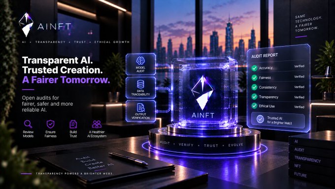 A futuristic promotional graphic for AINFT features the slogan "Transparent AI. Trusted Creation. A Fairer Tomorrow." alongside a glowing holographic cube displaying the AINFT logo, with an "AUDIT REPORT" panel verifying "Accuracy," "Fairness," "Consistency," "Transparency," and "Ethical Use," visually reinforcing the platform's commitment to open, trustworthy AI model auditing.