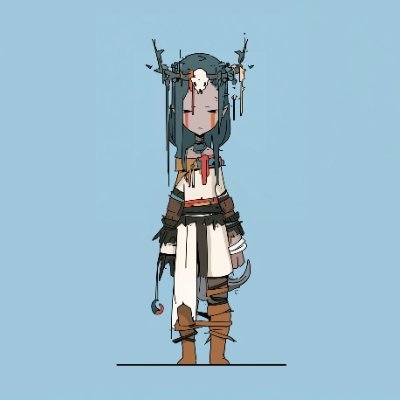 A 2D character illustration of a shaman-like figure wearing a skull mask/headdress with antler-like decorations, dressed in tribal/ritual clothing with bandages and accessories, standing against a light blue background.