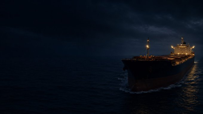 A large cargo ship sailing through dark ocean waters at night under a cloudy sky, its deck and bridge illuminated by warm lights.