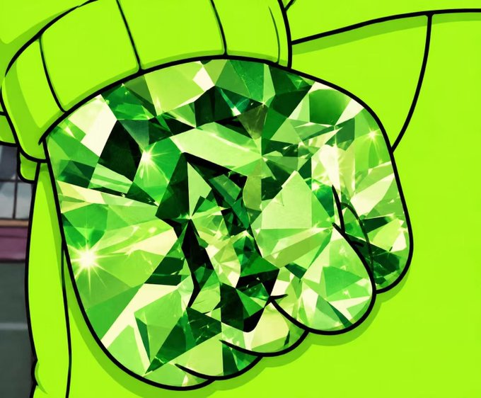 A cartoon-style green fist with a dazzling emerald-cut diamond embedded in its center, symbolizing a crypto trader's aspiration to become an unshakable, "diamond hands" holder.