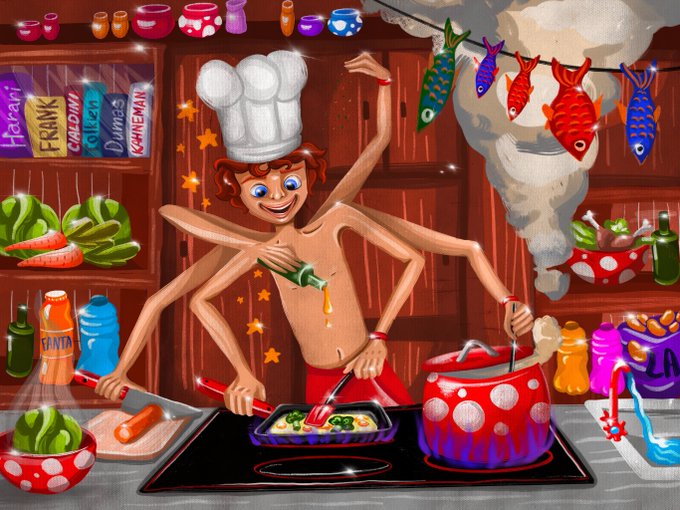 A colorful digital illustration depicts a chaotic kitchen scene where a shirtless cartoon chef with a white hat has multiple arms multitasking—cooking on a stove, handling a pot, and squirting sauce—with fish-shaped piñatas hanging above and various cookbooks and ingredients on shelves.