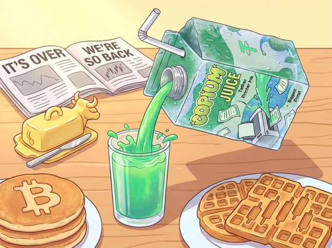 A cartoon illustration showing a green juice carton labeled 'SOYLUM JUICE' being poured into a glass, alongside Bitcoin-themed pancakes and waffles, with a newspaper headline reading 'IT'S OVER WE'RE SO BACK.'