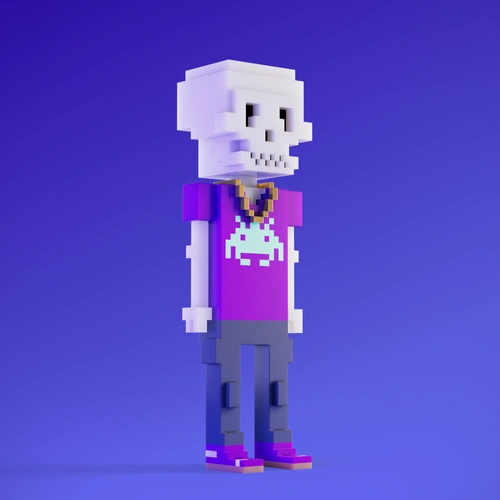 A 3D voxel-style character with a white skull head, wearing a purple shirt with an alien graphic, a gold chain, and blue pants, standing against a blue background.