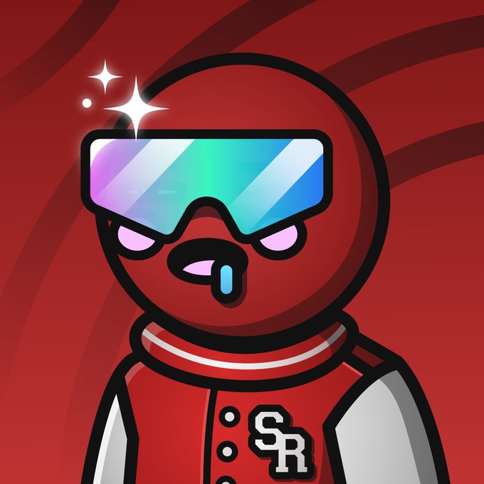 A cartoon red mascot wearing iridescent ski goggles and a varsity jacket with an "SR" logo sports a confident, slightly dazed expression, visually representing the "SpaceRidersXYZ" NFT collection. The post highlights the artwork as one of the hidden "Riders & VOVs" gems being showcased daily.
