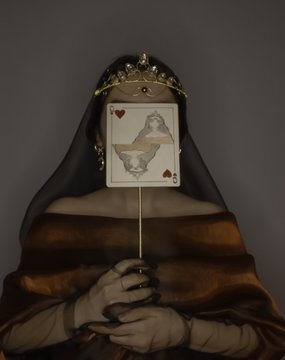 A mysterious figure wearing a dark hood and ornate gold crown holds a Queen of Hearts playing card in front of their face, evoking the style of The Handmaid's Tale.