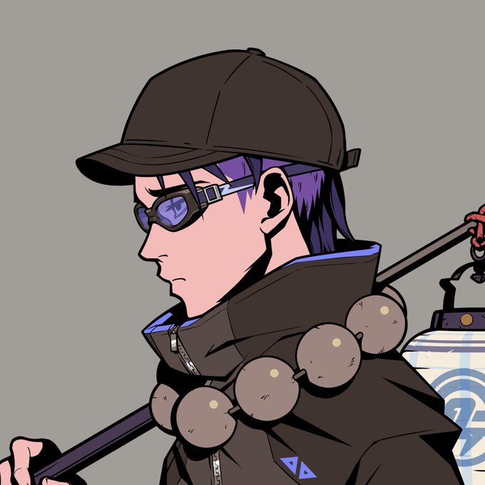 An anime-style illustration of a character with purple hair, a black cap, sunglasses, and a large beaded necklace, carrying a staff and lantern.
