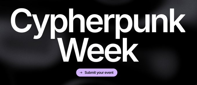 A black banner with white text reading 'Cypherpunk Week' and a purple 'Submit your event' button below.