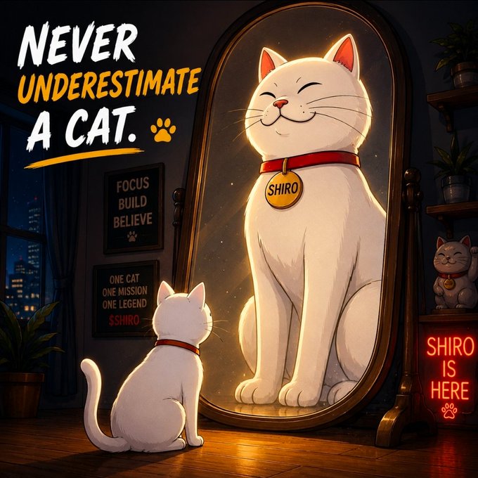 A small white cat named "SHIRO" gazes into a mirror that reflects a much larger, confident version of itself, embodying the message "NEVER UNDERESTIMATE A CAT." The scene includes motivational posters reading "FOCUS BUILD BELIEVE" and "ONE CAT ONE MISSION ONE LEGEND," alongside a glowing "SHIRO IS HERE" sign—visually reinforcing the post's theme that the small, emerging $SHIRO memecoin is poised to grow into something far greater.