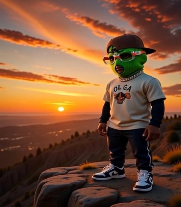 The image features a young boy standing on top of a rock, wearing a hat with a face mask and glasses. He appears to be posing for a photo against a beautiful sunset backdrop. The caption provided seems unrelated to the main subject matter or scene in the image.