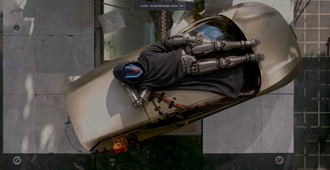 A top-down view of a metallic humanoid robot sitting in a futuristic pod or capsule with its head down, set in an industrial environment.