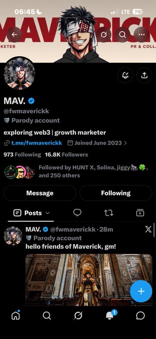 A smartphone screenshot shows an X (Twitter) profile page for 'MAV.' (@fwmaverickk), a parody account with 16.8K followers, featuring a recent post greeting 'friends of Maverick, gm!'.