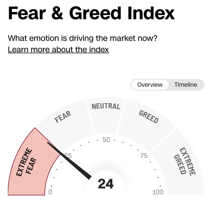 The image shows a Fear & Greed Index gauge with a reading of 24, placing the market firmly in "Extreme Fear" territory (0-25 range). This supports the post's contrarian buy-the-dip thesis, as the indicator's extreme fear signal contradicts skeptics who claimed it was broken, suggesting it's now flashing a potential swing trade opportunity.