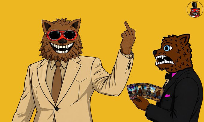 An illustrated cartoon featuring two anthropomorphic wolves in suits; the larger wolf wears red sunglasses and a tan suit pointing upward, while a smaller brown wolf in a black tuxedo holds trading cards.