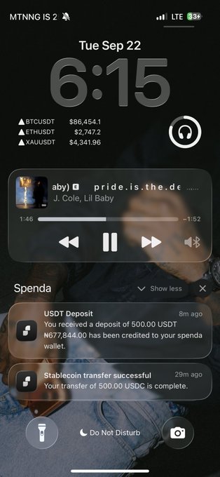A lock screen from Tuesday, Sep 22 at 6:15 shows a Spotify widget playing "pride.is.the.de..." by J. Cole and Lil Baby, along with Spenda notifications confirming a successful 500.00 USDC transfer and deposit to the Spenda wallet (NG77,844.00 credited). The post highlights a first-time test of @MySpenda, noting the transaction was completed swiftly.