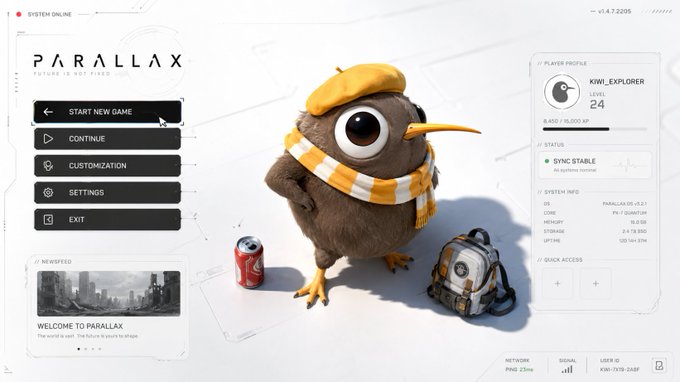 The image features a cartoon bird standing next to a backpack, with the text "Parallax" displayed above them. The bird appears to be wearing a yellow hat and scarf, giving it a unique appearance. The background of the image shows a computer screen displaying various settings for a game or application.