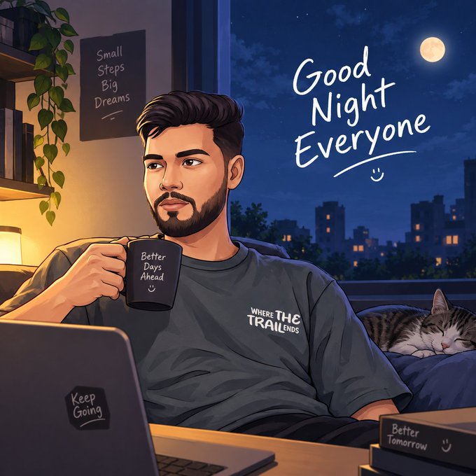 An illustrated 'Good Night Everyone' scene showing a bearded man holding a 'Better Days Ahead' mug at a desk, with a sleeping cat and a moonlit city skyline in the background.