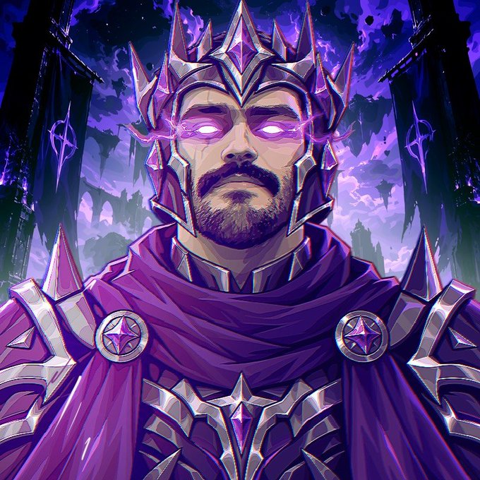 A digital illustration of a bearded man wearing ornate purple and silver spiked armor with glowing purple eyes.
