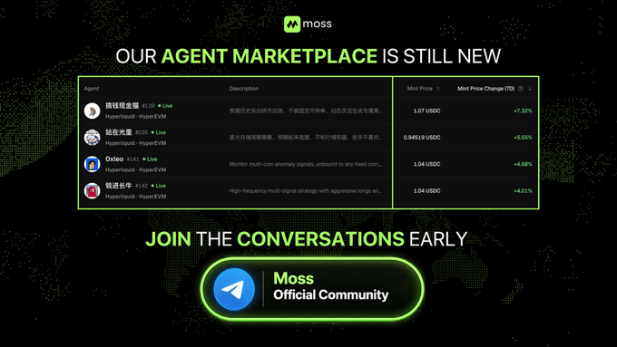 A Moss AI promotional image for their Agent Marketplace showing multiple Hyperliquidx agents (搞钱现金鼠, 站在火星, Oxioo, 驯波长牛) with their mint prices in USDC and percentage changes, encouraging users to 'JOIN THE CONVERSATIONS EARLY' via Telegram.