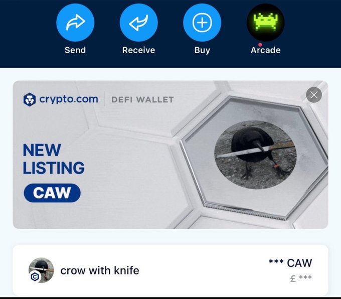 A screenshot of a cryptocurrency app interface showing a 'NEW LISTING' for 'CAW' (crow with knife) on Crypto.com DeFi Wallet, with navigation buttons for Send, Receive, Buy, and Arcade.