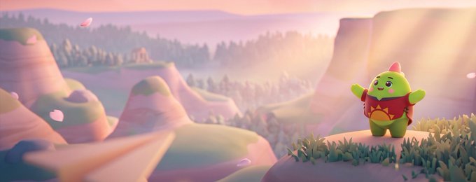 The image features a green character with arms raised, standing on top of a cliff overlooking a valley below. The character appears to be wearing a red shirt and has a backpack on their back. In the background, there are mountains and trees that add depth to the scene. The image also contains text that reads "gSleep all @sleepagotchi fam, absolute no brainer if you’ve interacted with the dino ecosystem at all over the past year. the loyalty program hub is officially collecting solana addresses for the $SLEEP drop".