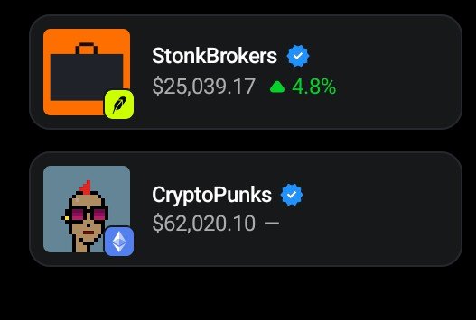 Two digital asset collection cards are displayed: "StonkBrokers" showing $25,039.17 with a 4.8% gain, and "CryptoPunks" showing $62,020.10 with no change, visually supporting the post's question about whether StonkBrokers could overtake CryptoPunks in value within the NFT market.