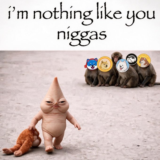 A meme showing a pink creature alone with the text "i'm nothing like you niggas" above it, while a group of monkeys in the background are edited to display dog-themed cryptocurrency logos (including DOGE), humorously suggesting that memecoins are uniquely different from each other—paralleling the poster's claim that Qenis stands apart and will skyrocket when Coinbase lists it.