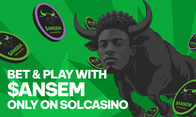 The image is a promotional graphic featuring a man with an afro riding a black bull, with green background and "$ANSEM - THE BLACK BULL" coin logos scattered throughout. Bold text reads "BET & PLAY WITH $ANSEM ONLY ON SOLCASINO," promoting the $ANSEM token's launch on the Solcasino platform.