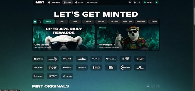 A screenshot of the MINT website homepage featuring a 'LET'S GET MINTED' banner with promotions for daily rewards and high RTP games, along with a grid of game providers like Evolution, Pragmatic Play, and NetEnt.