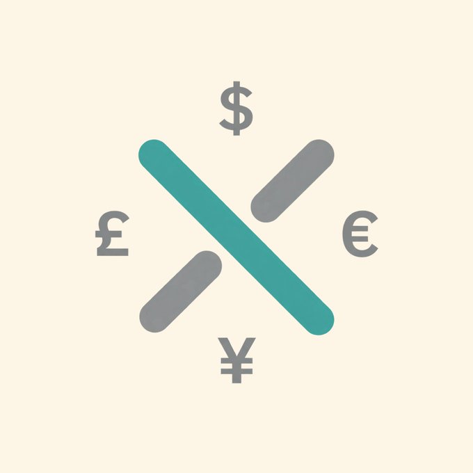 An image featuring crossed teal and gray lines surrounded by the currency symbols for the dollar ($), pound (£), euro (€), and yen (¥), representing currency exchange. The graphic visually reinforces the post's mention of "Crossrate" ($CROSSRATE), a project involving buyback-and-burn tokenomics and whale investment activity.