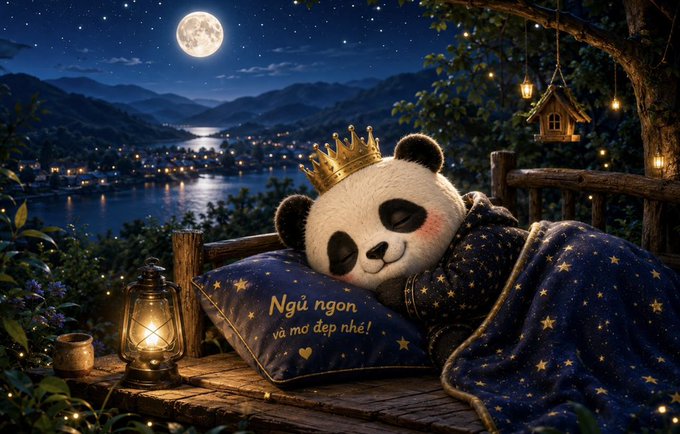 An illustration of a panda wearing a golden crown sleeping on a starry pillow that reads 'Ngủ ngon và mơ đẹp nhé!', set against a moonlit lakeside scene with lanterns.