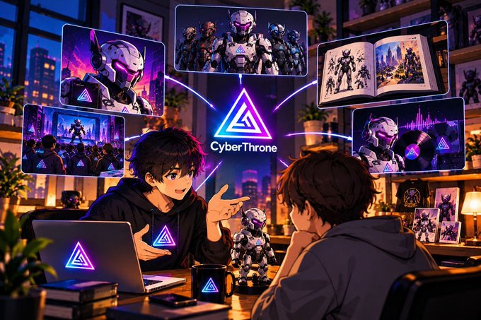 An anime-style digital illustration depicts two young men at a desk featuring a glowing 'CyberThrone' triangle logo, surrounded by floating screens showing armored figures, mechs, and related artwork.