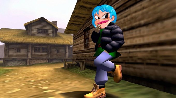 A 3D-rendered character with bright blue hair, wearing a black puffer jacket and brown boots, poses against the wall of a wooden cabin in a rustic village setting.