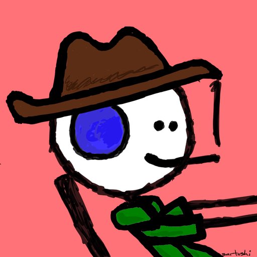A simple digital doodle of a white smiling character wearing a brown cowboy hat and green shirt against a pink background.