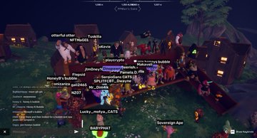 A screenshot of a virtual world/anime-style online gathering with many user avatars gathered around a campfire at night, with usernames displayed above characters.