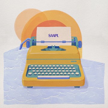 A vibrant illustration of a yellow typewriter with the word "SAAPL" on its paper, set against a sunset backdrop. The image symbolizes creation and hard work, fitting the post's message about Dev's dedication to "cooking up" a legendary launch.