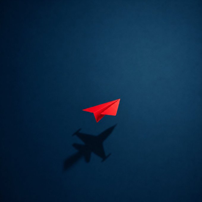 A red paper airplane casts a shadow on a dark blue background, with the shadow resembling a fighter jet silhouette.