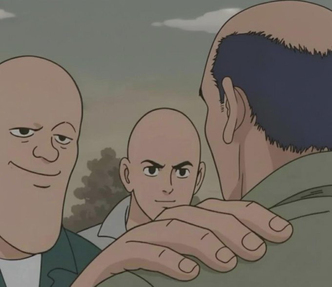 An animated scene shows three bald or balding men with stern expressions, with one reaching a hand toward the camera.