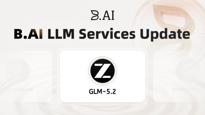 The image features a white banner with black text that reads "B.AI LTM 5.2 GLM - Z.ai" at the top, followed by a logo for B.AI's GLM-5.2 service update. The background of the image is a light brown color and has a watermark in the bottom right corner.