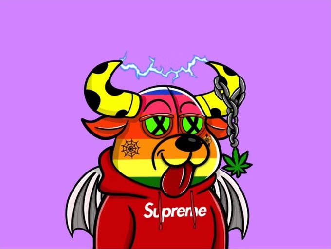 A colorful cartoon illustration of a dog with rainbow face coloring, yellow and black horns, X-shaped eyes, a spiked collar with a marijuana leaf, bat-like wings, and wearing a red 'Supreme' hoodie, set against a purple background.