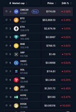 A cryptocurrency market cap ranking list displaying prices and 24-hour percentage changes for various coins including BTC, ETH, USDT, BNB, XRP, USDC, SOL, TRX, ZEC, HYPE, and DOGE.