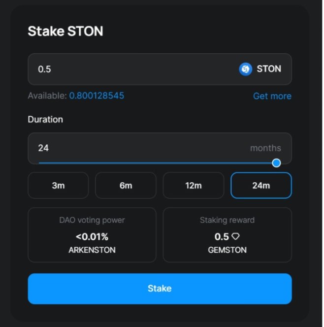 A crypto staking interface titled 'Stake STON' showing 0.5 STON staked for a 24-month duration with a reward of 0.5 GEMSTON.