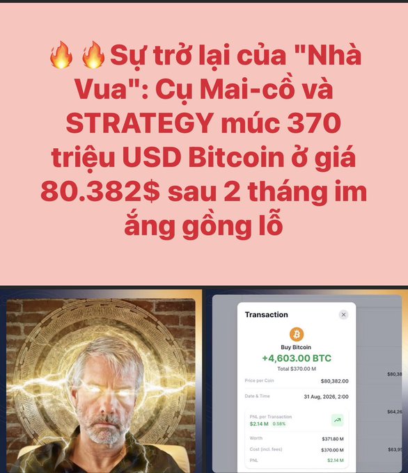 A Vietnamese social media post titled 'Sự trở lại của "Nhà Vua": Cụ Mai-cô và STRATEGY múc 370 triệu USD Bitcoin ở giá 80.382$ sau 2 tháng im ắng gồng lỗ', showing a Bitcoin transaction for +4,603.00 BTC at $80,382.00 dated 31 Aug, 2026.