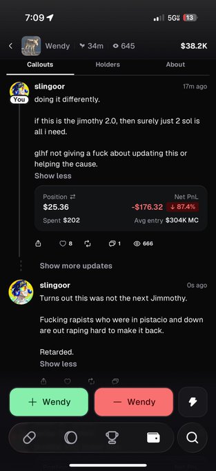 A screenshot from the app Callouts shows user "slingoor" mocking a $Wendy token by saying "doing it differently," with the token down 87.4% to a Net PnL of -$176.32 on $202 spent. The post suggests that bundles on Pumpfun are coordinating revenge calls to manipulate outcomes, prompting the user to stop using the app and change their wallet.