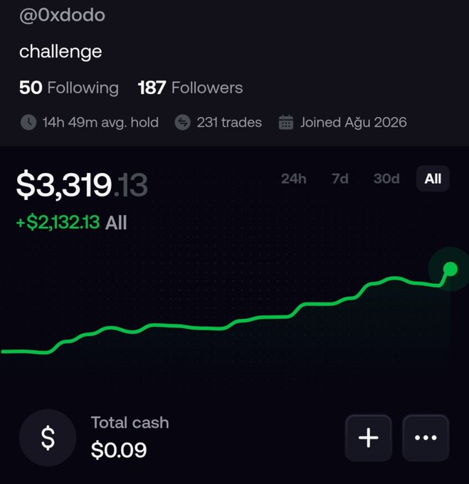 A trading profile screenshot for user @0xdodo showing a balance of $3,319.13 with a profit of +$2,132.13, featuring an upward trending green line graph over the 'All' time period.