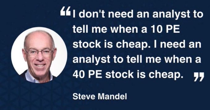 A quote graphic featuring Steve Mandel that reads: 'I don't need an analyst to tell me when a 10 PE stock is cheap. I need an analyst to tell me when a 40 PE stock is cheap.'