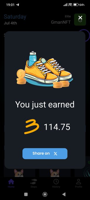 A mobile app screenshot showing a reward notification for earning 3 (114.75) tokens, illustrated with orange sneakers, water bottle, and coins, with a 'Share on X' button.