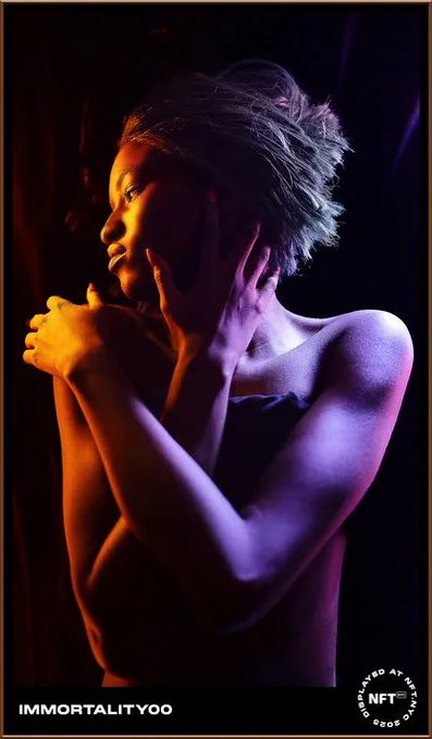 A moody, low-lit portrait shows a person with short hair in profile, their skin illuminated by warm orange and cool purple lighting. Text reads 'IMMORTALITY00' and 'POWERED BY ASF NFT DROP COM' with an 'X' logo.