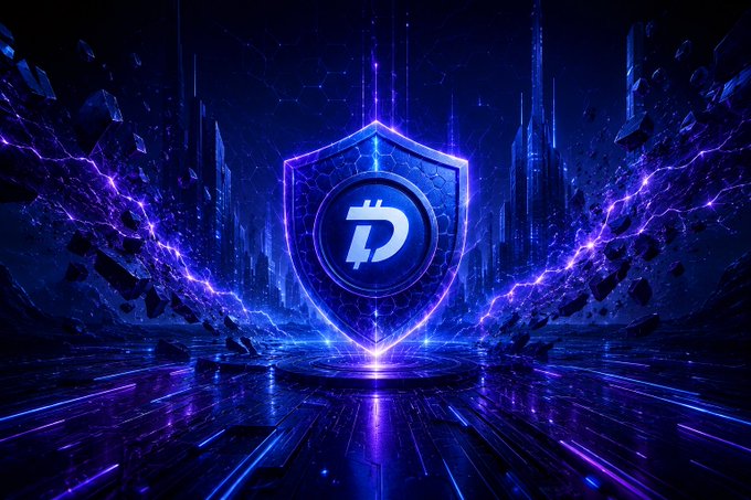 Digital artwork featuring a glowing blue shield with the Digibyte (D) cryptocurrency logo, surrounded by lightning and futuristic cityscape elements in purple and blue tones.