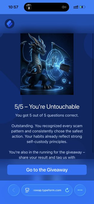 A mobile screenshot displaying a quiz result of '5/5 - You're Untouchable' with a dragon illustration, indicating all scam patterns were recognized correctly.