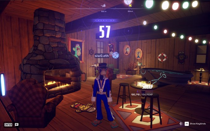 The image shows a character standing in front of a fireplace, wearing blue clothes and holding a sword. The room has wooden walls and furniture, including chairs and tables. There are also several other objects present in the scene, such as a boat on one side of the room and a clock hanging on the wall. A post is visible at the bottom right corner of the image, which seems to be related to the game or the character's activities within it.